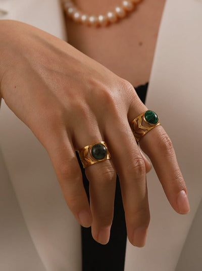 Elegant Malachite Ring: 18K Gold-Plated Titanium