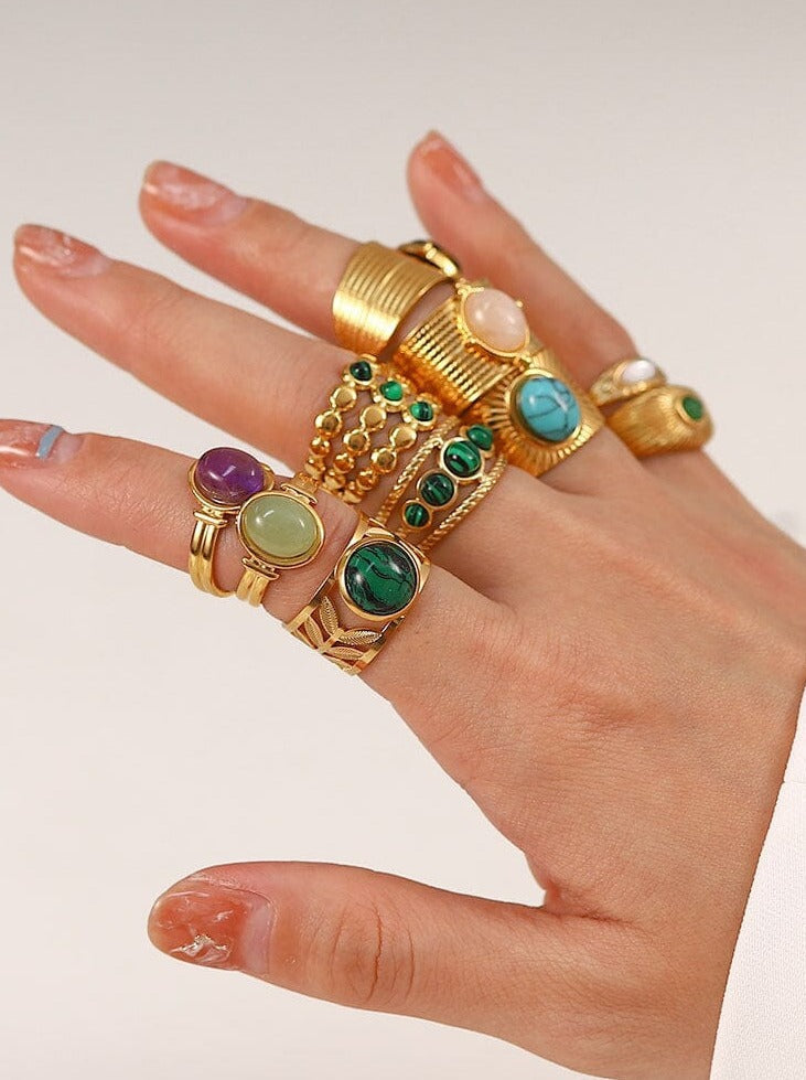 Elegant Malachite Ring: 18K Gold-Plated Titanium