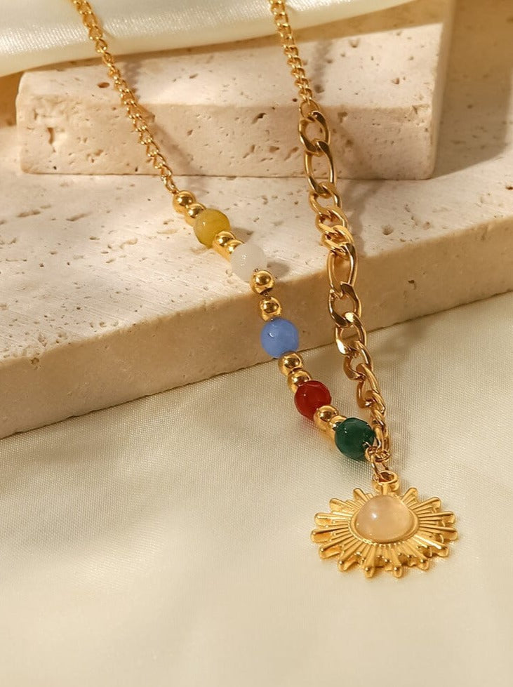 Opal Sun Pendant: 18K Gold Plated with Colorful Natural Stones