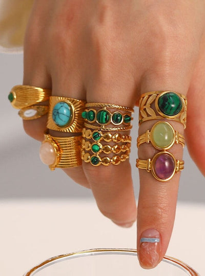 Elegant Malachite Ring: 18K Gold-Plated Titanium